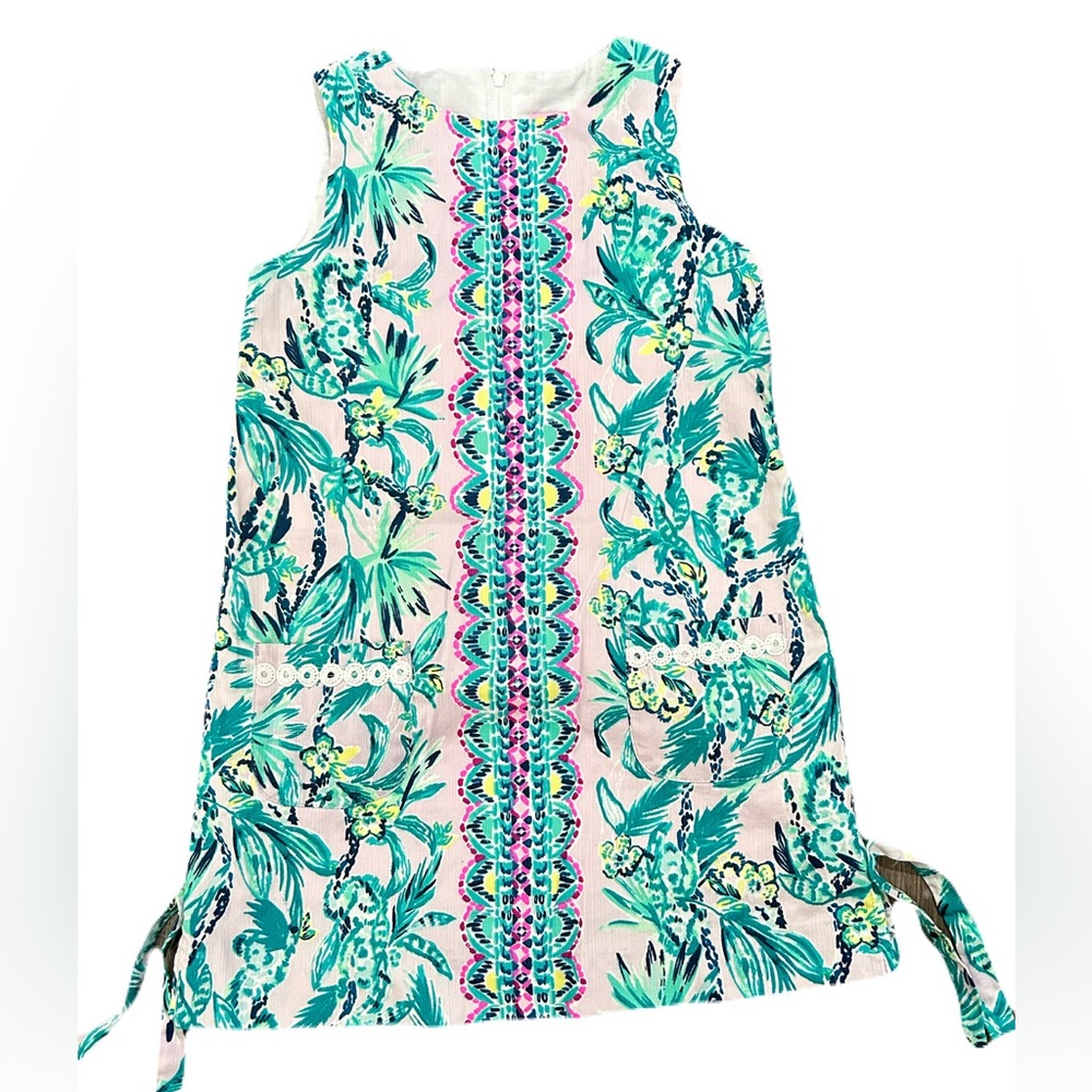 LILLY Pulitzer Little Lilly Tropical Print Shift Dress Teal Pink 6